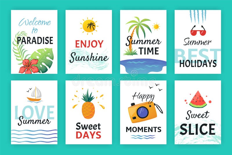 Summer doodle poster. Beach party banners with simple patterns and lettering, vacation sticker elements. Vector hand stock illustration Summer doodle poster. Beach party banners with simple patterns and lettering, vacation sticker elements. Vector hand stock illustration