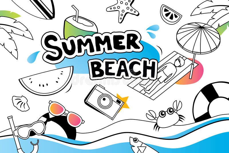 Summer doodle symbol and objects icon design for beach party background. Invitation hand drawn style. Use for labels, stickers, b royalty free illustration