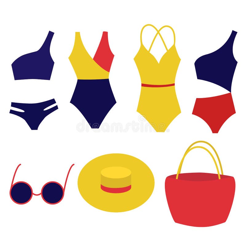 A Set of Swimsuits and Accessories. Stock Vector - Illustration of ...