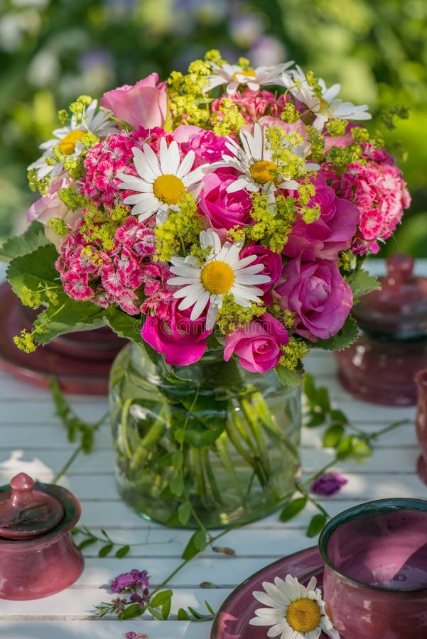 Summer Flower Arrangement with Pink Roses Stock Photo Image of