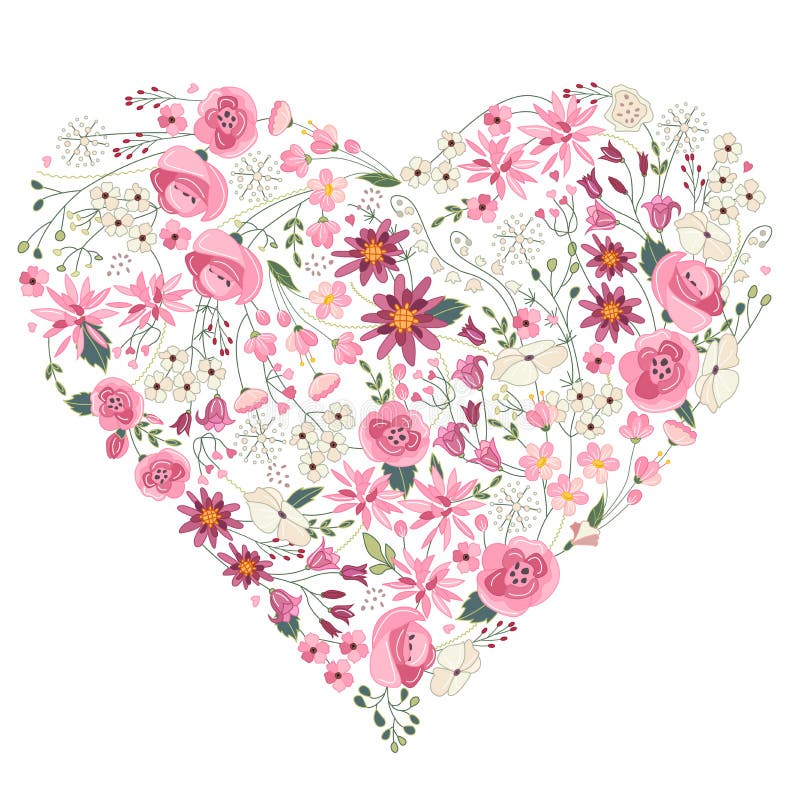 Summer Flowers Heart with Pink and Red Flowers on White Stock
