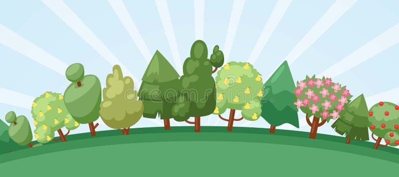 Summer forest with blooming trees, cute landscape cartoon vector illustration.