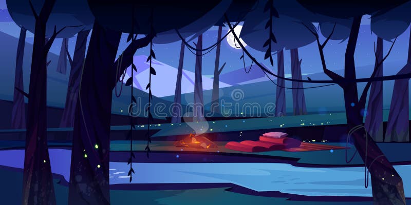 Night Forest with Camp, Fire, River and Mountains Stock Vector -  Illustration of river, landscape: 224865307