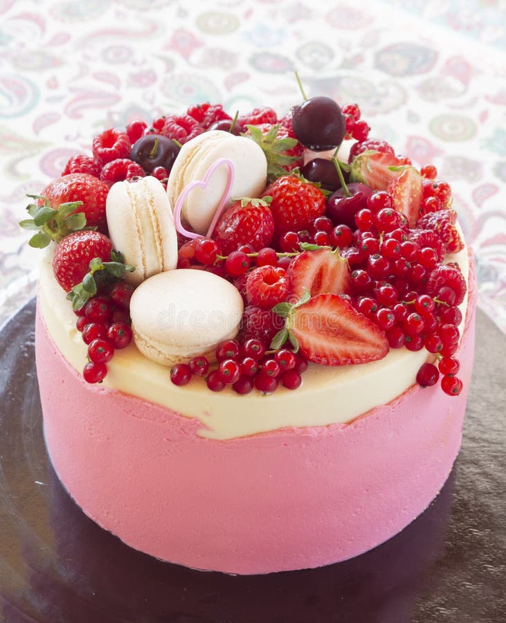 Summer fruit cake with fresh strawberries,currancts and raspberries. Summer fruit cake with fresh strawberries,currancts and raspberries