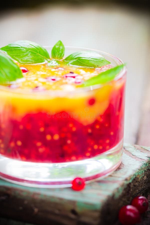 Summer Fruit Dessert Currant Orange Juice Basil Stock Photo Image of