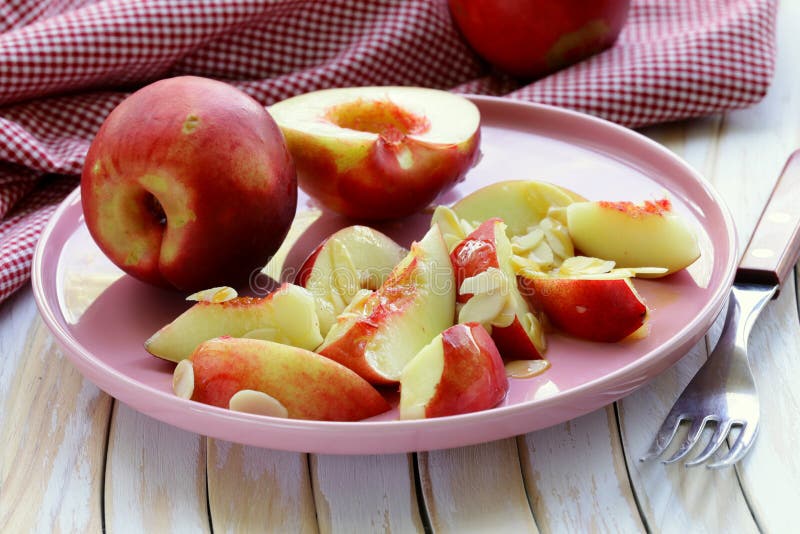 Summer Fruit Dessert with Peaches, Almonds Stock Image Image of