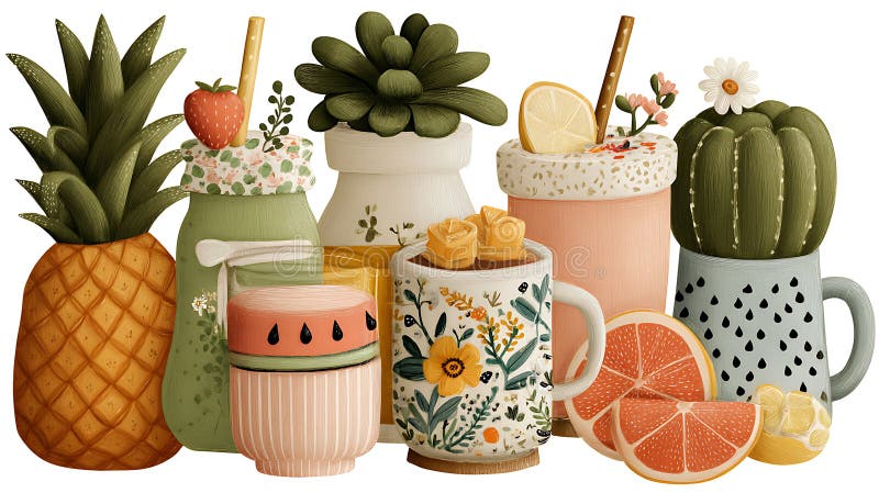 Summer Fruit Smoothies and Drinks Still Life Illustration stock illustration