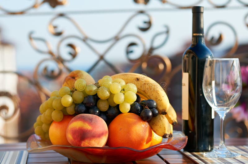 Summer Fruits and Wine Bottle Stock Image Image of veranda, wine