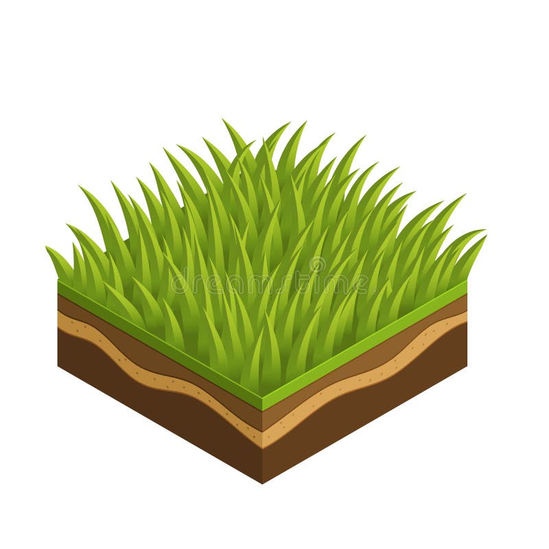 Grass and soil tile with layers isometric vector. Fresh summer green grass with leave, daisie, flower, stone. Seasonal summer grass soil layer tile. Realistic nature grass tile for game design concept. Grass and soil tile with layers isometric vector. Fresh summer green grass with leave, daisie, flower, stone. Seasonal summer grass soil layer tile. Realistic nature grass tile for game design concept