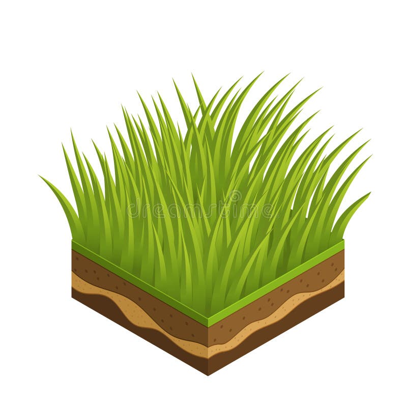Grass and soil tile with layers isometric vector. Fresh summer green grass with leave, daisie, flower, stone. Seasonal summer grass soil layer tile. Realistic nature grass tile for game design concept. Grass and soil tile with layers isometric vector. Fresh summer green grass with leave, daisie, flower, stone. Seasonal summer grass soil layer tile. Realistic nature grass tile for game design concept