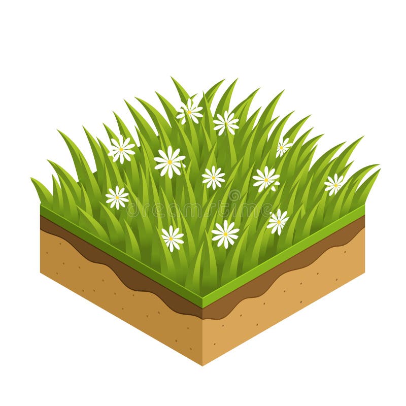 Grass and soil tile with layers isometric vector. Fresh summer green grass with leave, daisie, flower, stone. Seasonal summer grass soil layer tile. Realistic nature grass tile for game design concept. Grass and soil tile with layers isometric vector. Fresh summer green grass with leave, daisie, flower, stone. Seasonal summer grass soil layer tile. Realistic nature grass tile for game design concept