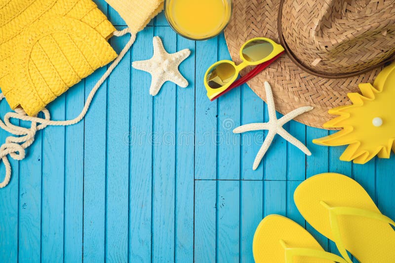 Summer Holiday Vacation Background with Beach Accessories on Wooden ...