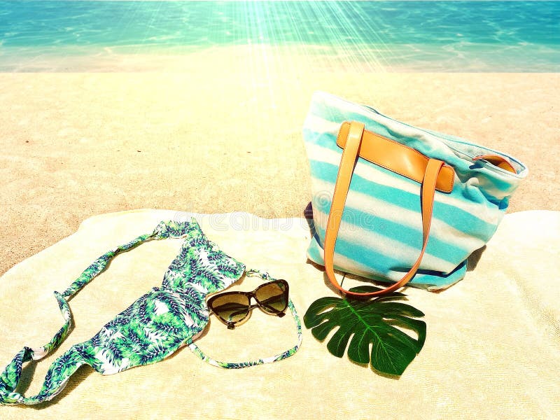 Summer Beach Bag With Shell Towel On Sandy Beach Stock Photo - Download  Image Now - 2015, Bag, Beach - iStock
