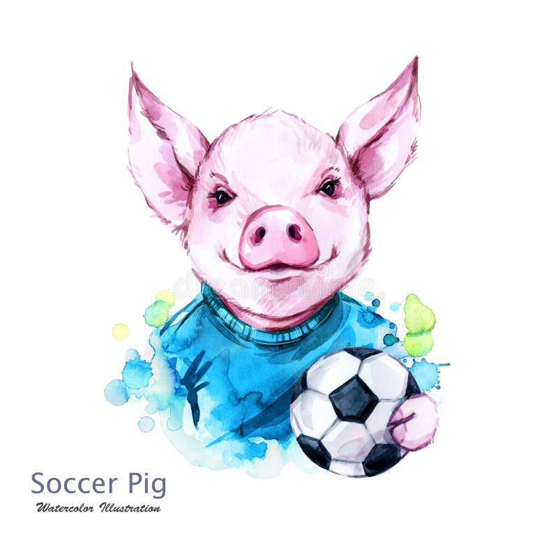 Summer holidays illustration. Watercolor soccer pig with ball. Funny football player. Sport. Symbol of 2019 year stock illustration Summer holidays illustration. Watercolor soccer pig with ball. Funny football player. Sport. Symbol of 2019 year stock illustration