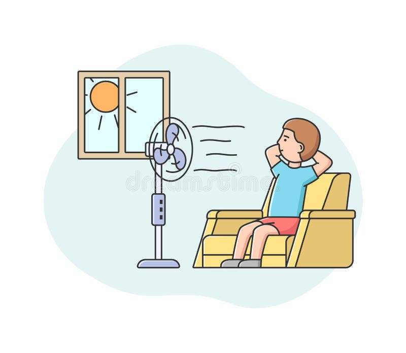 Summer Hot Period. Man Weary From Heat Sitting In Armchair, Putting His Hands Behind Head And Use Fan To Feel Breezy And