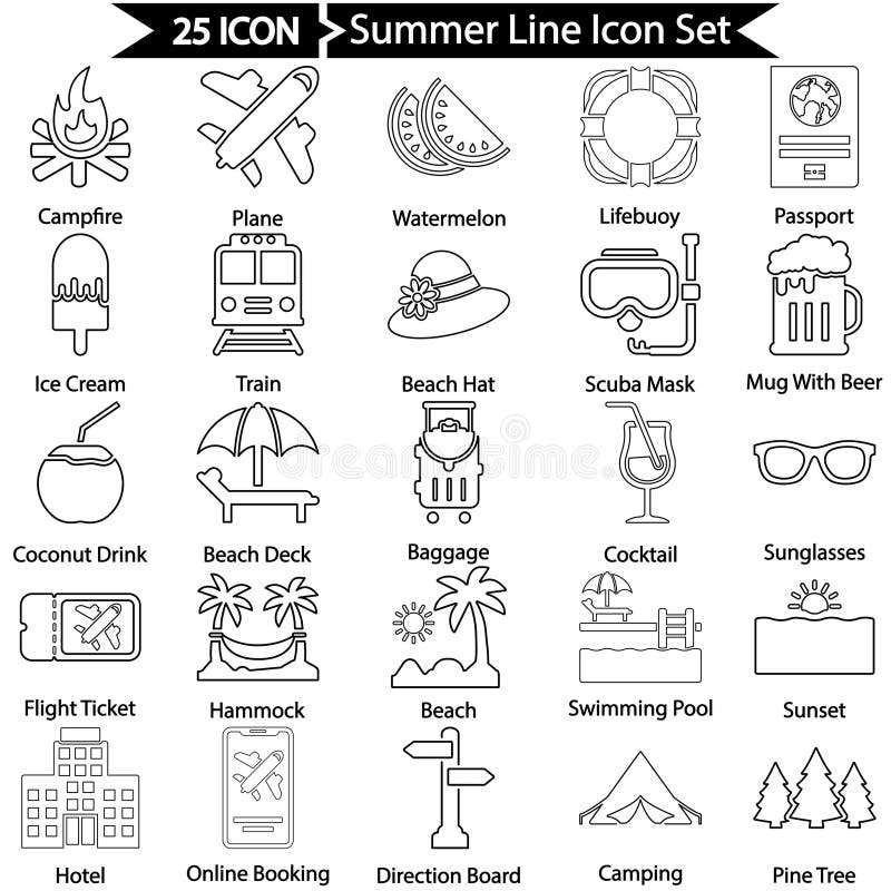Beautiful,Meticulously Designed Summer Icon Set In Outline Style