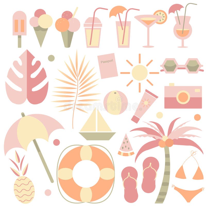 Summer illustrations Set. Hello summer. Summer elements.Set of tropical, beach, ice-cream, cocktail,travel,fruits elements stock illustration Summer illustrations Set. Hello summer. Summer elements.Set of tropical, beach, ice-cream, cocktail,travel,fruits elements stock illustration