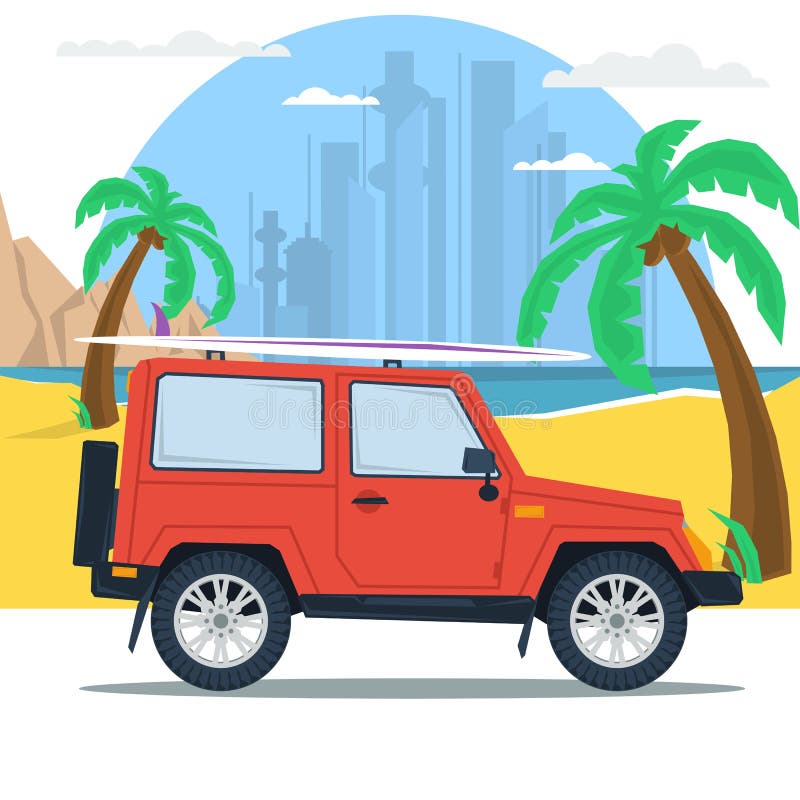 Summer jeep car on beach with palm