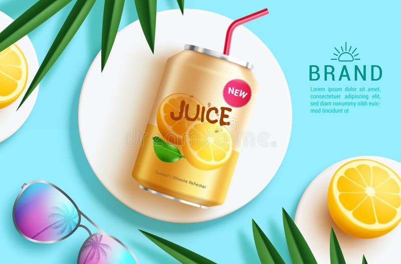 Summer juice vector template design. Summer soda drink in can product display elements stock illustration