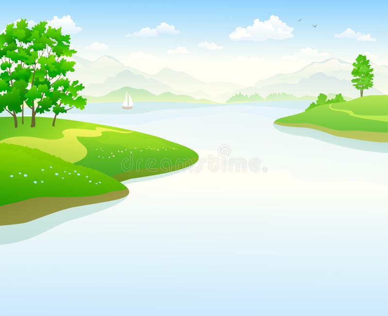 Summer Lake Landscape Cartoon Background Stock Vector - Illustration of  vector, hill: 153597779