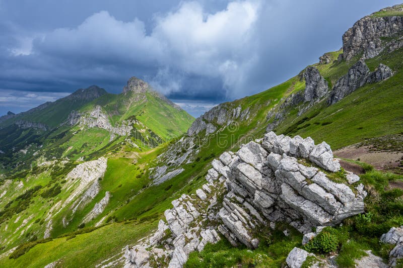 Letná krajina Belianskych Tatier. Tatranský národný park, Slovensko. Hora Havran a Ždiarska Vidla