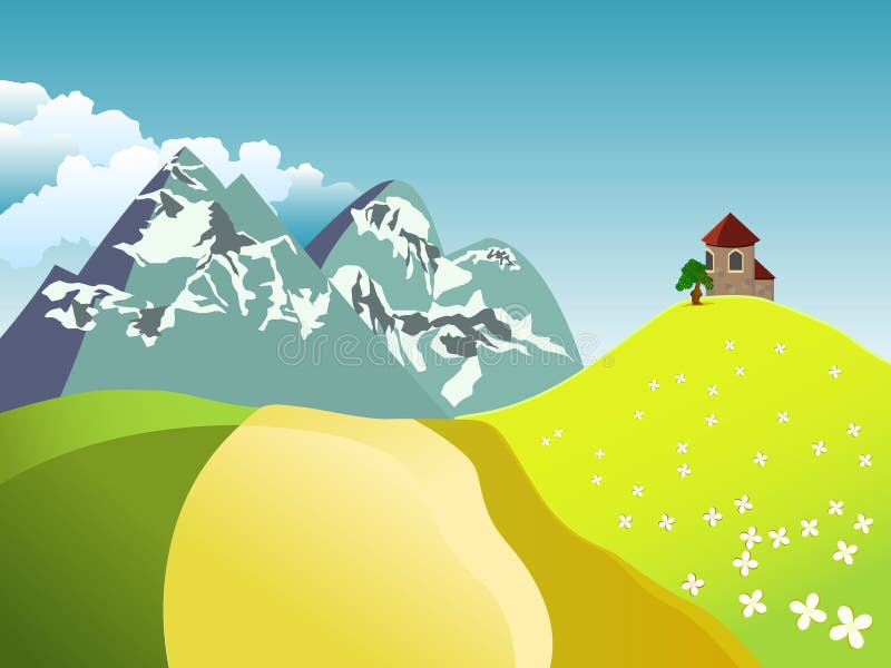 Summer landscape with fields, church, tree and mou stock illustration Summer landscape with fields, church, tree and mou stock illustration