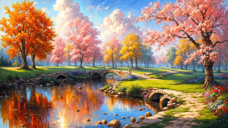 Summer landscape, flowers on the river bank with trees and mountains in the background, oil painting style illustration