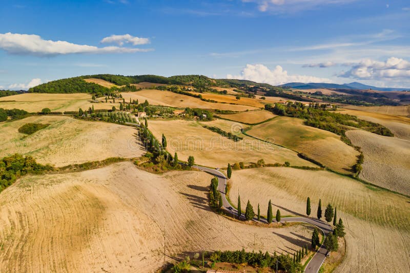 Summer Landscape with Road and Golden Fields in Tuscany