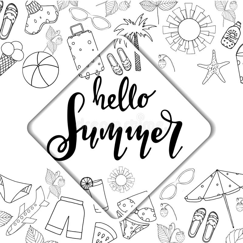 Summer Lettering. Set Hand Drawn Icons, Signs and Banners Stock Vector ...