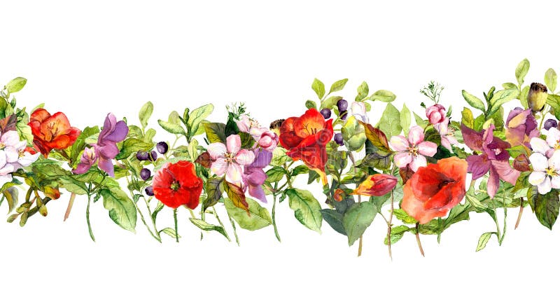 Summer meadow flowers and butterflies. Repeating frame. Watercolor
