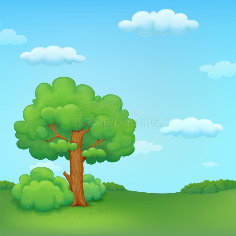 Summer meadow illustration with tree and bushes stock illustration Summer meadow illustration with tree and bushes stock illustration
