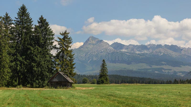 Letní louka se starou dřevěnou chalupou, hora Kriváň Slovenský symbol