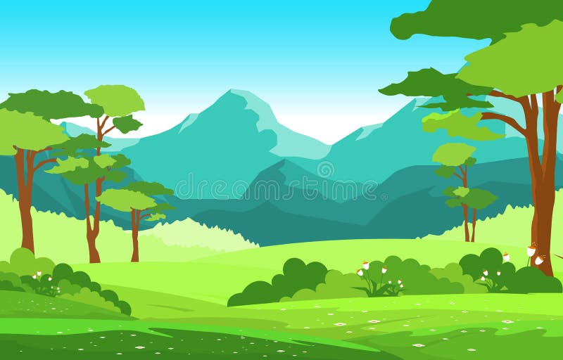 Summer Mountain Green Nature Field Land Sky Landscape Illustration ...