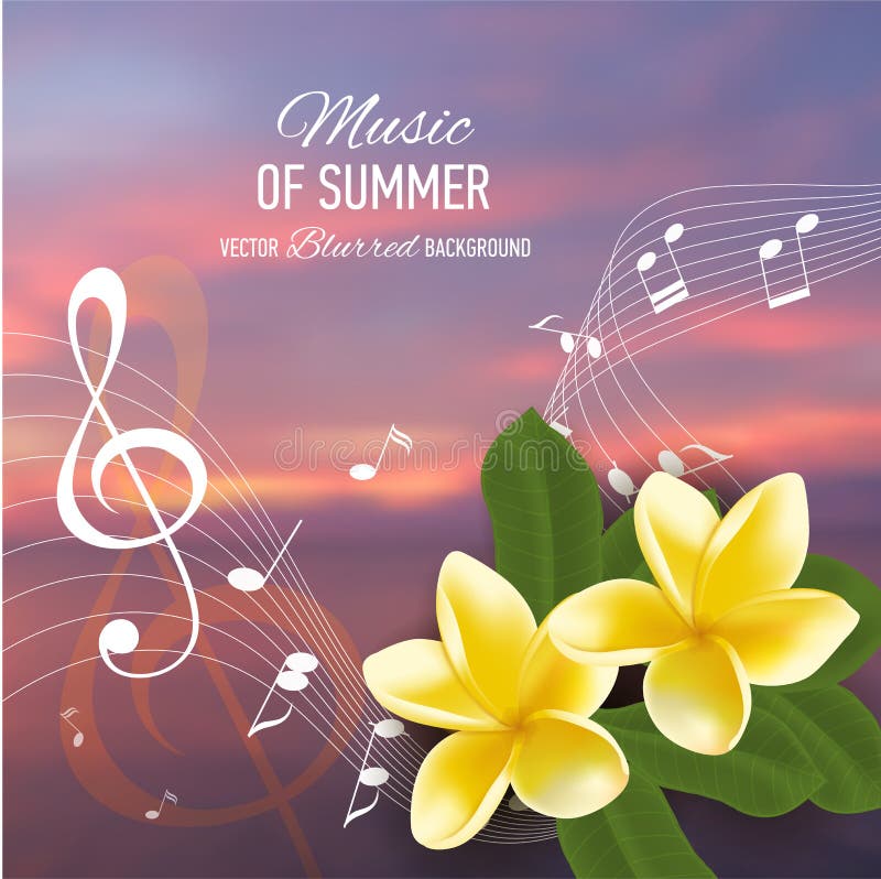 Summer music party template with realistic frangipani, notes and key. Vector illustration. vector illustration Summer music party template with realistic frangipani, notes and key. Vector illustration. vector illustration