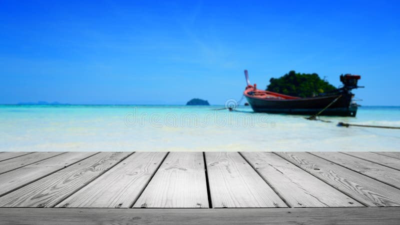 Beautiful Holiday Summer Nature Landscape Beach with Boat Background and  Empty Wooden. Stock Image - Image of paradise, green: 179208475