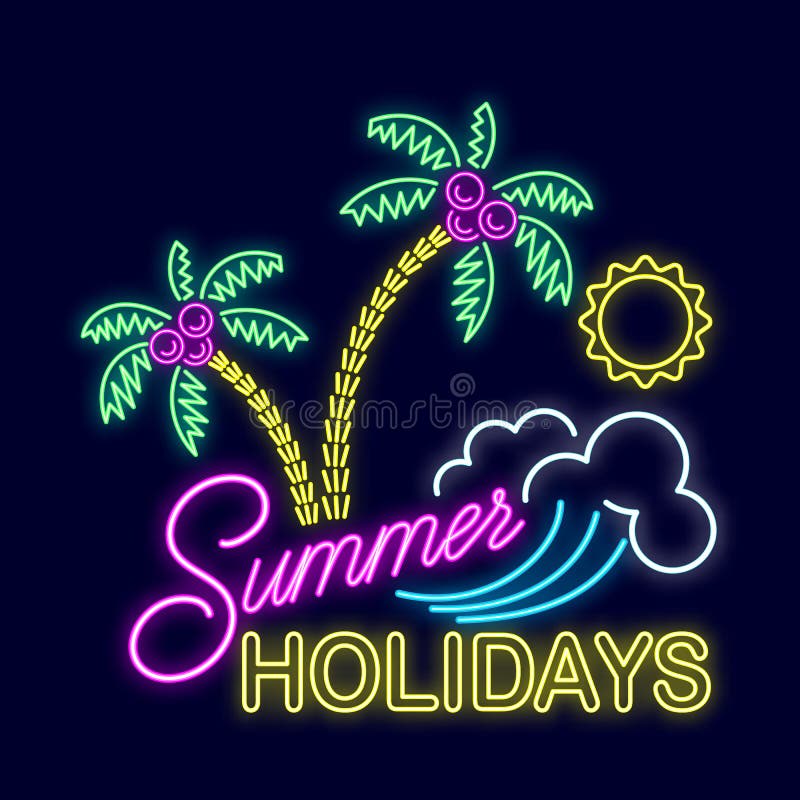 Summer neon sign with bright illumination. Palm trees, sun, tourism.
