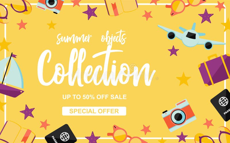 Summer objects collection poster with summer elements on yellow background vector illustration Summer objects collection poster with summer elements on yellow background vector illustration