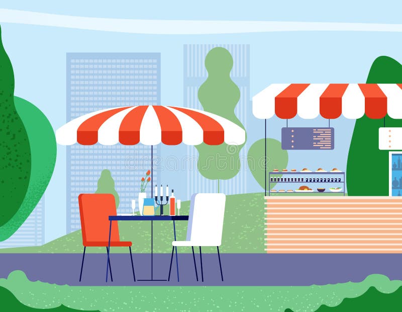 Summer outdoor cafe. Empty table and armchair under umbrella in street cafe. Bistro restaurant vector background royalty free illustration Summer outdoor cafe. Empty table and armchair under umbrella in street cafe. Bistro restaurant vector background royalty free illustration