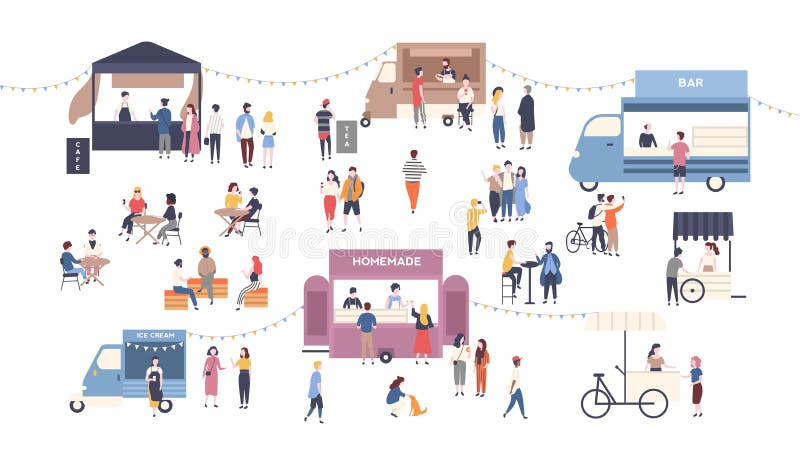 Summer outdoor street food festival. People walking between vans or caterers, buying meals, eating and drinking, taking vector illustration Summer outdoor street food festival. People walking between vans or caterers, buying meals, eating and drinking, taking vector illustration