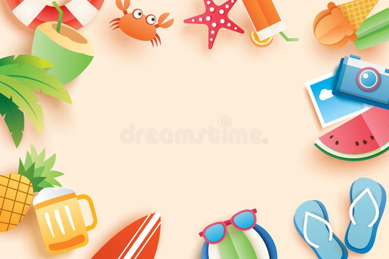 Summer paper cut symbol and objects icon with space for text background. Art and craft style. Use for stock illustration