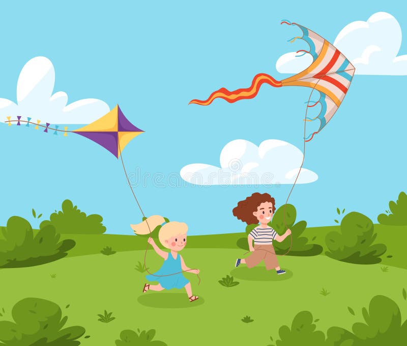 Girl playing with kite in windy weather on green Vector Image