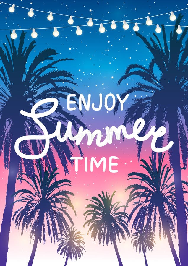 Summer Party Background with Palm Trees Silhouettes on Night Starry Sky ...