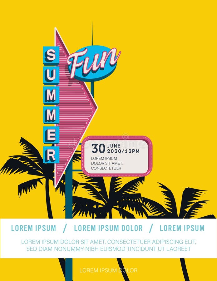 Summer party or festival poster vector template with retro motel sign and palm trees in background.