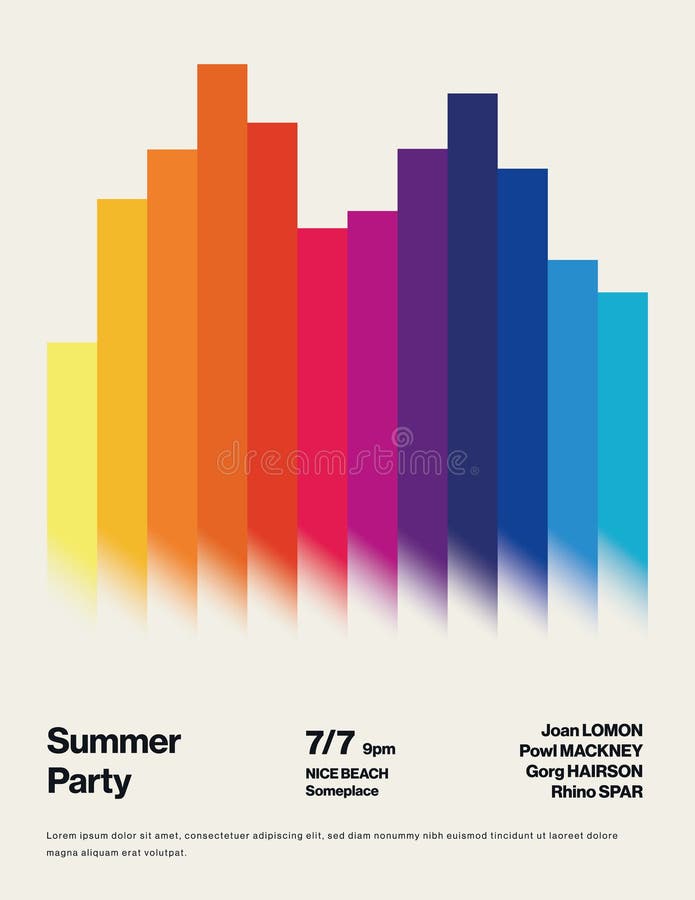 Summer Party Poster Template with rainbow Gradient Stripes. Event flyer, leaflet, banner. Editable, printable vector. royalty free illustration