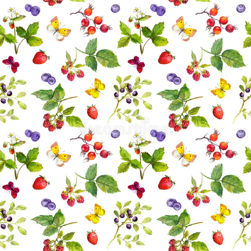 Summer pattern with ripe bright berries, colorful butterflies. Raspberry, strawberry, blueberry bush and single berry