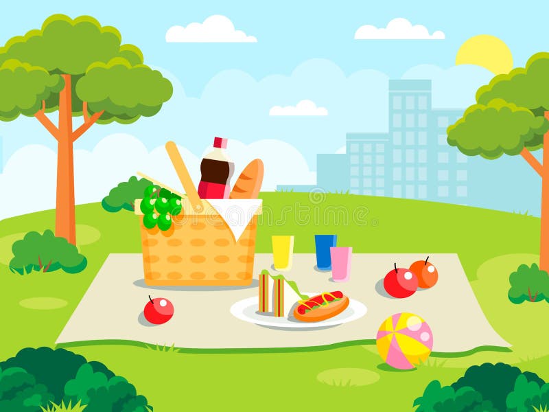 Summer Picnic on Forest Background. Family Concept with Picnic Party Stuff  Stock Illustration - Illustration of pets, family: 177830287