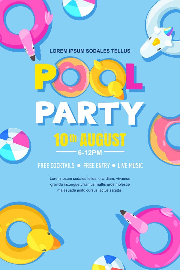 Summer pool party, vector poster, banner layout. Unicorn, flamingo, duck, ball, donut cute floats in water.