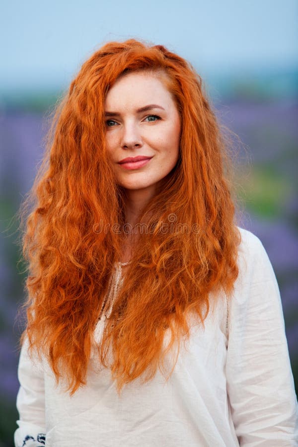 Summer Portrait of a Beautiful Girl with Long Curly Red Hair Stock ...