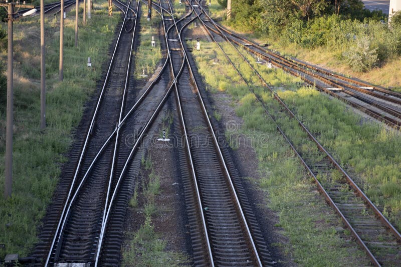 Summer Railway Tracks Overgrown with Green Grass. Way Out Stock Photo