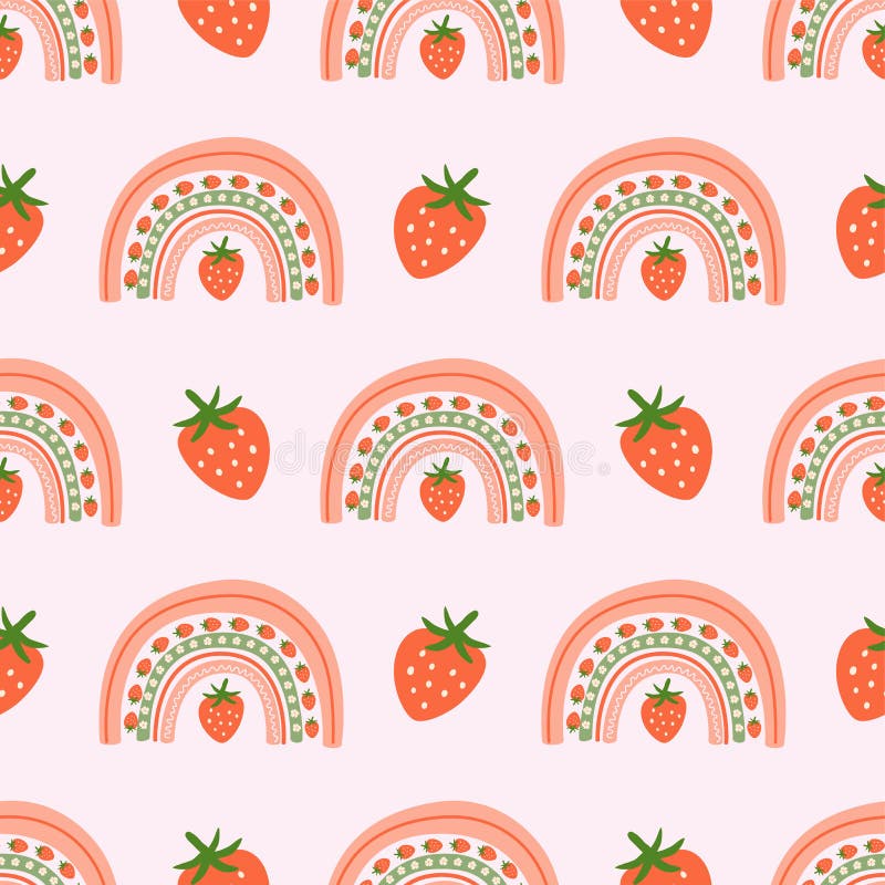 Summer rainbow pattern. Pink strawberry pattern. Summer berry fruit rainbow seamless background. Cute print